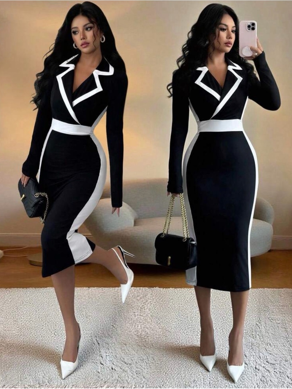 Elegant Black & White Contrast Midi Dress - Women's Tailored Dress